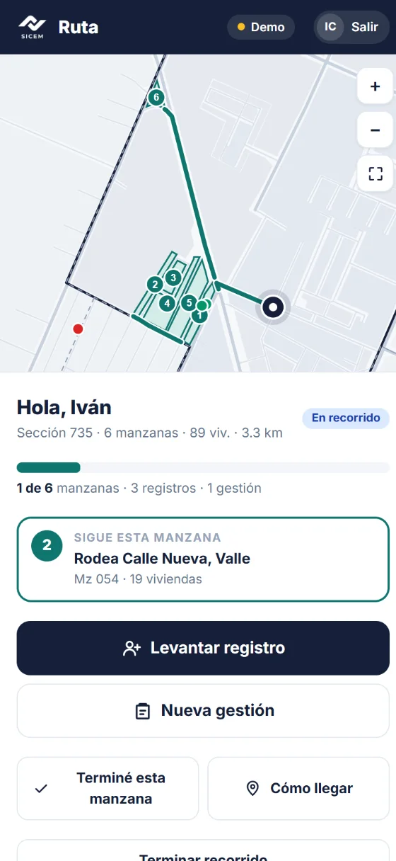 App del brigadista en el celular: su ruta en el mapa, la siguiente manzana y el botón para levantar un registro
