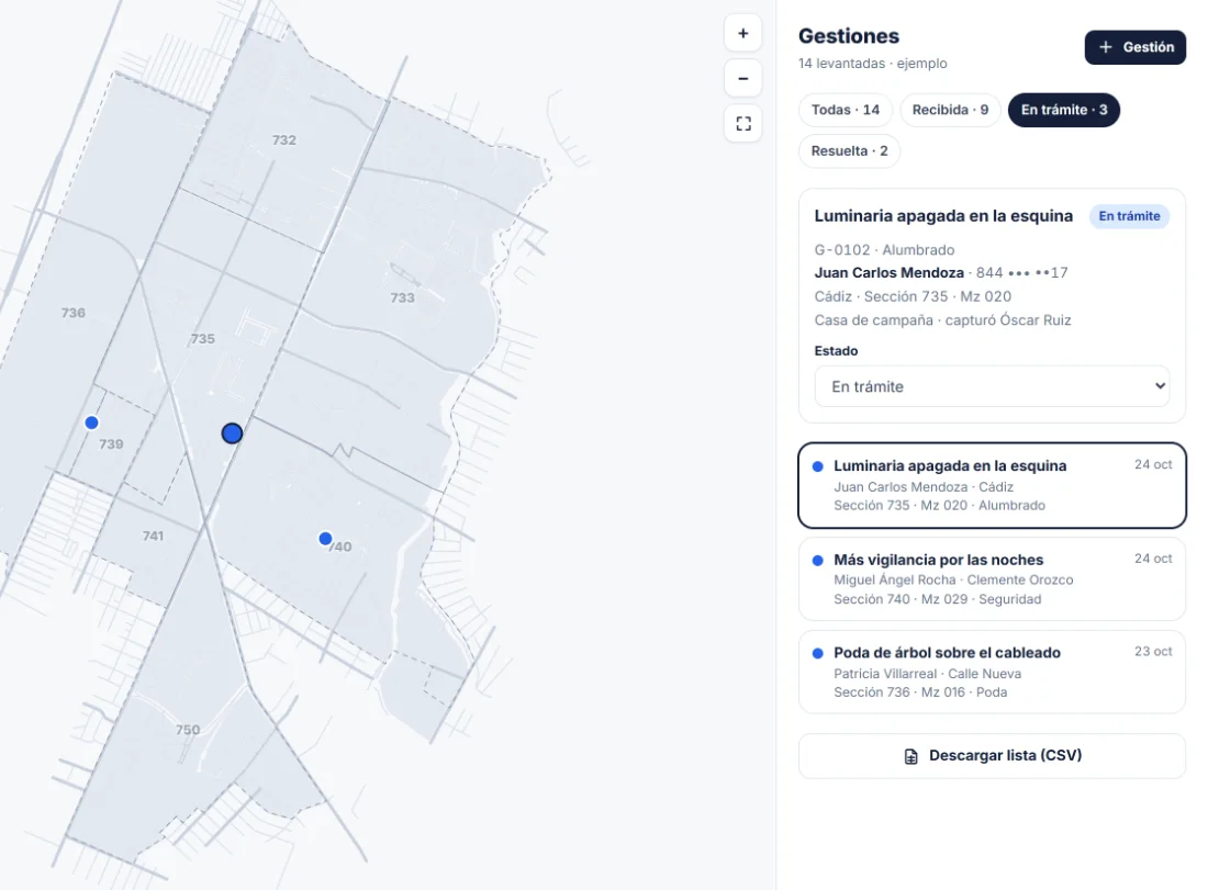 Gestiones ubicadas en el mapa de secciones, con su sección, su manzana, su calle y su estado