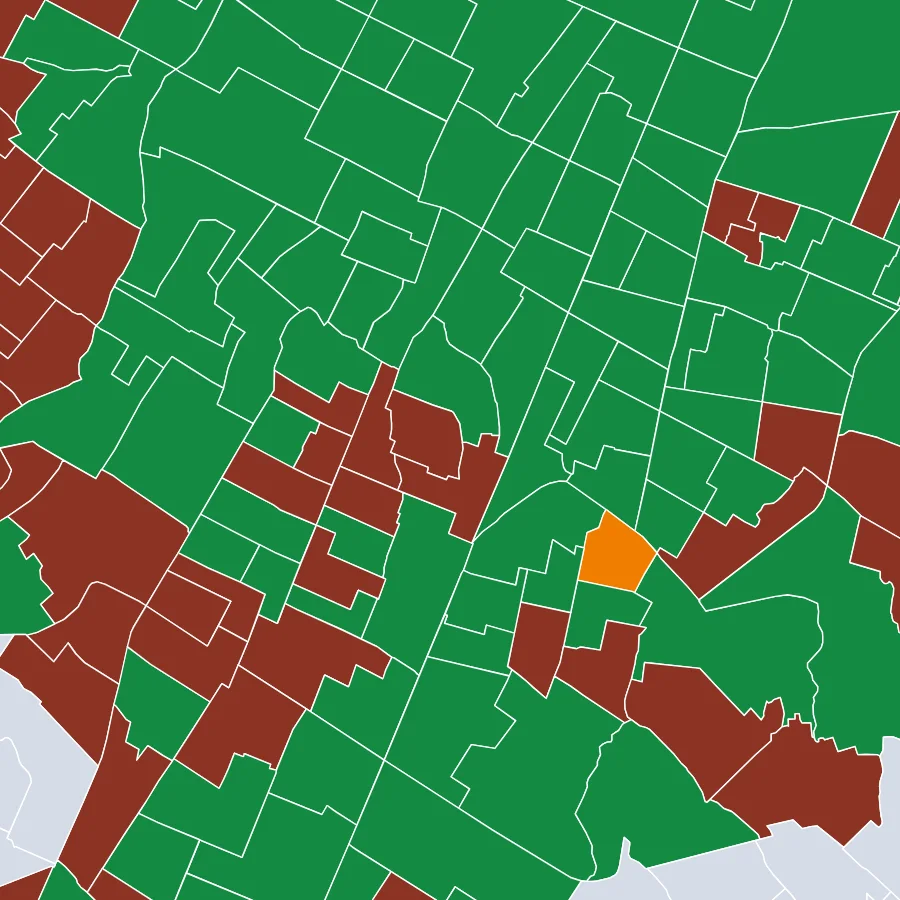La misma zona de Saltillo con cada sección coloreada por el partido que ganó en 2024